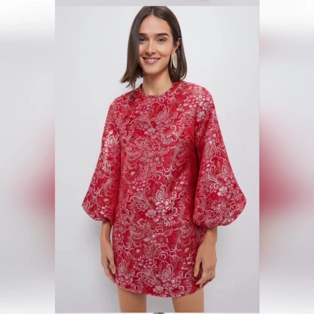 Hyacinth House Red Jacquard Janie Mini Dress ballon Sleeve NWT large - Picture 4 of 12